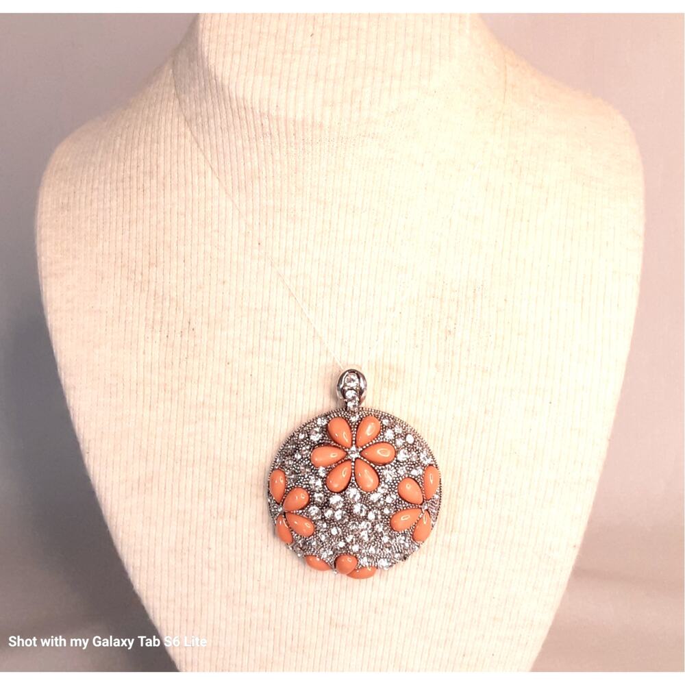 💎Traci Lynn Floral SilverTone Pendant Teardrop Peach Stone Clear Rhinestone Pave